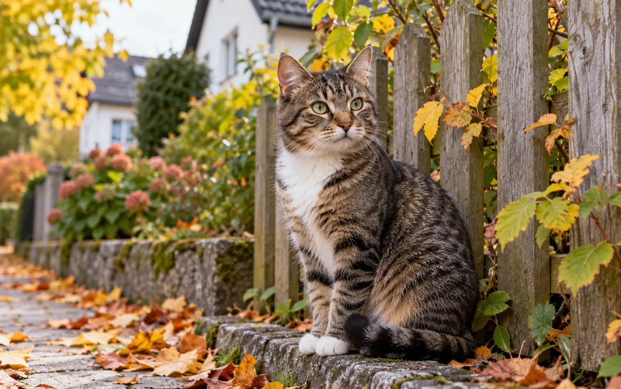 Katze in einem Garten – KI-generiertes Symbolbild